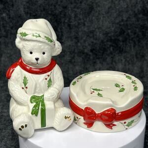 Vintage Lenox Christmas Holly Bear Salt & Pepper Set Festive Holiday Decor